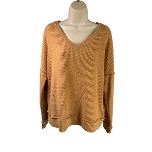 CY Fashion Womens Size Small Carmel Long Sleeve Pull over VNeck Top Shirt Waffle